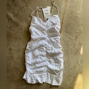 NWT Zara White singed ruched linen Mini dress